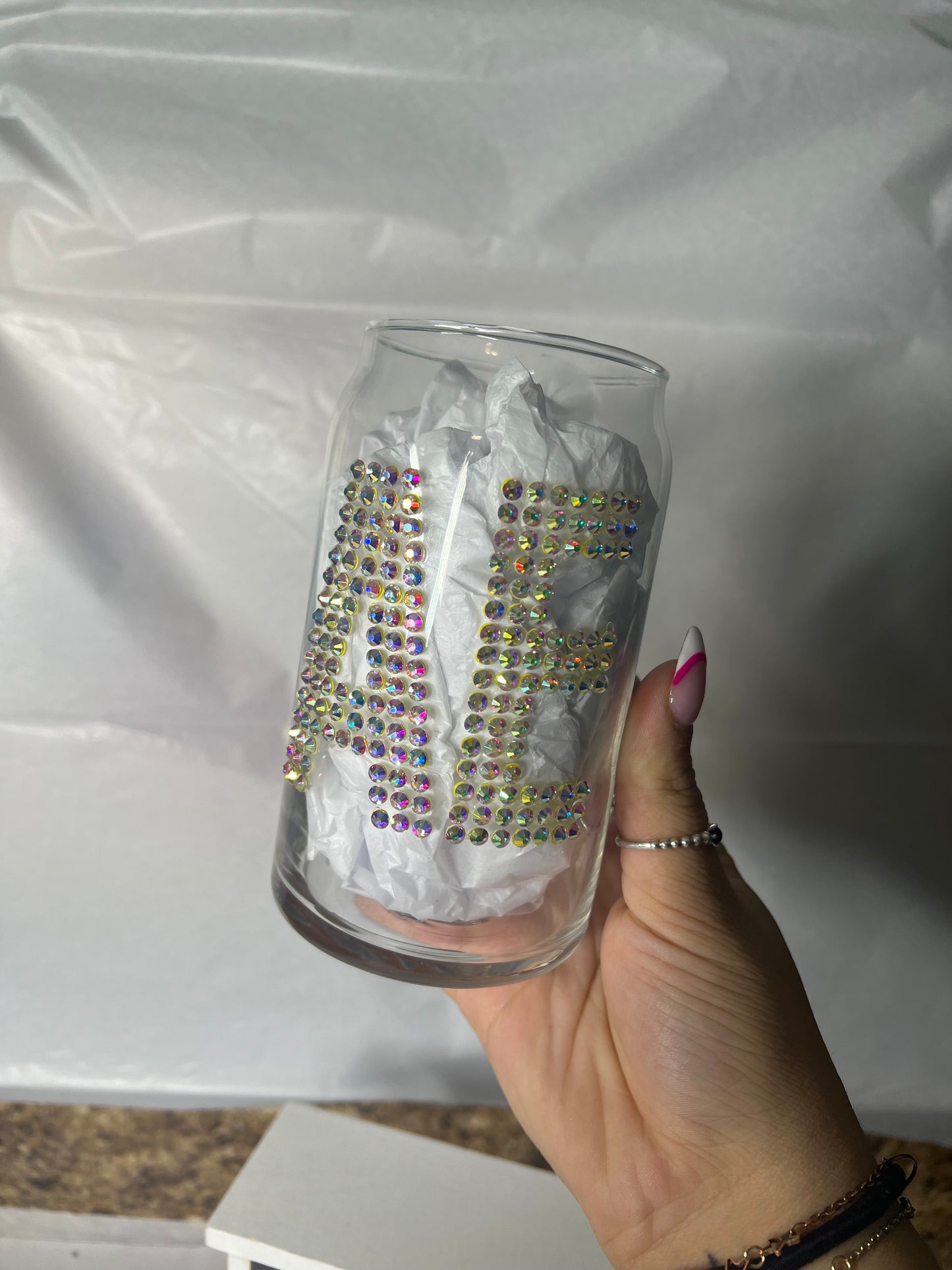 initial rhinestone beer can glass